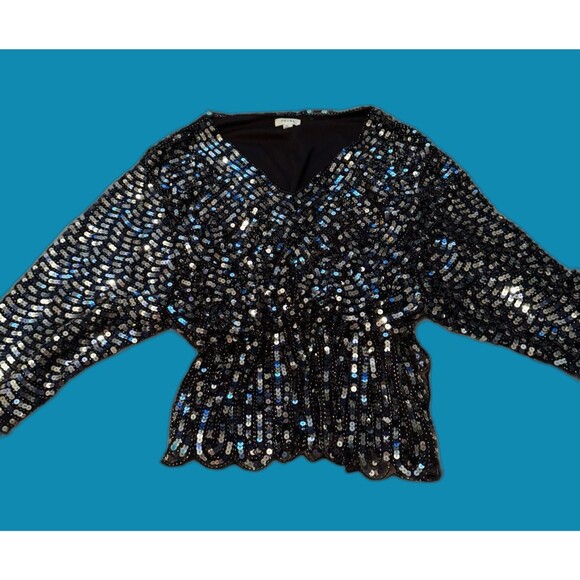 Prima Sequin Blouse – Black, Blue & Silver, Size XXL - Picture 1 of 4